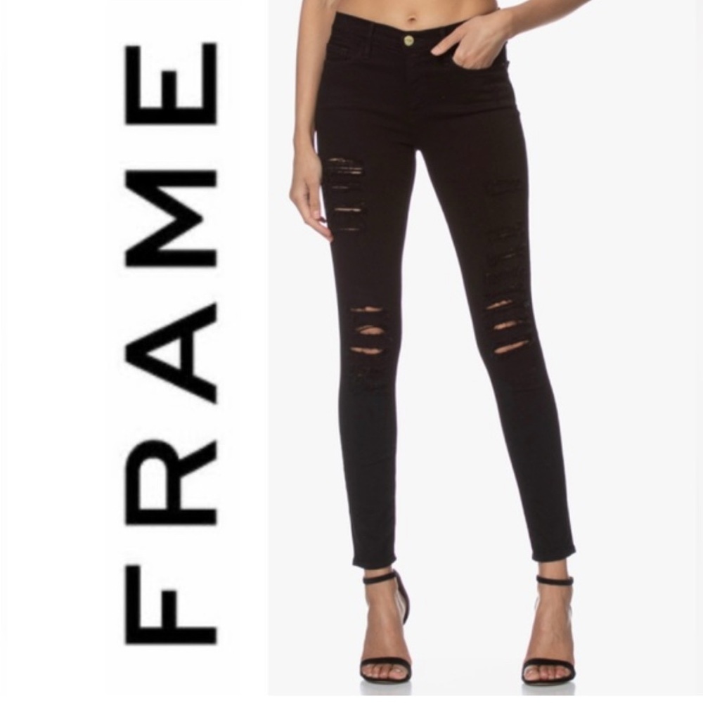 FRAME Le Skinny De Jeanne Black Distressed Jeans  Stretch  Goth Womens sz 25